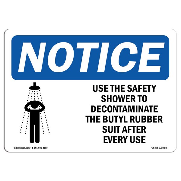 Signmission OSHA Sign, 7" H, Rigid Plastic, Use Safety Shower To Decontaminate Sign With Symbol, Landscape OS-NS-P-710-L-18818 - main